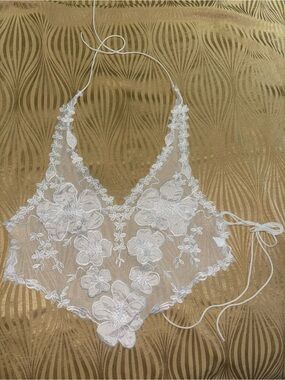Delicate White Floral Lace Halter Mesh Crop Top Bralette Summer, Vacation, Beach